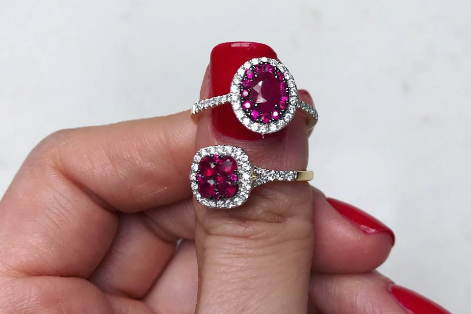 ruby and diamond halo rings