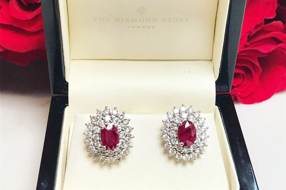 ruby and diamond halo earrings in TDS box