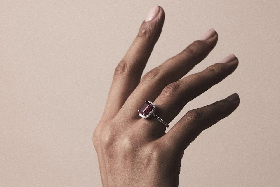 ruby and diamond halo engagement ring