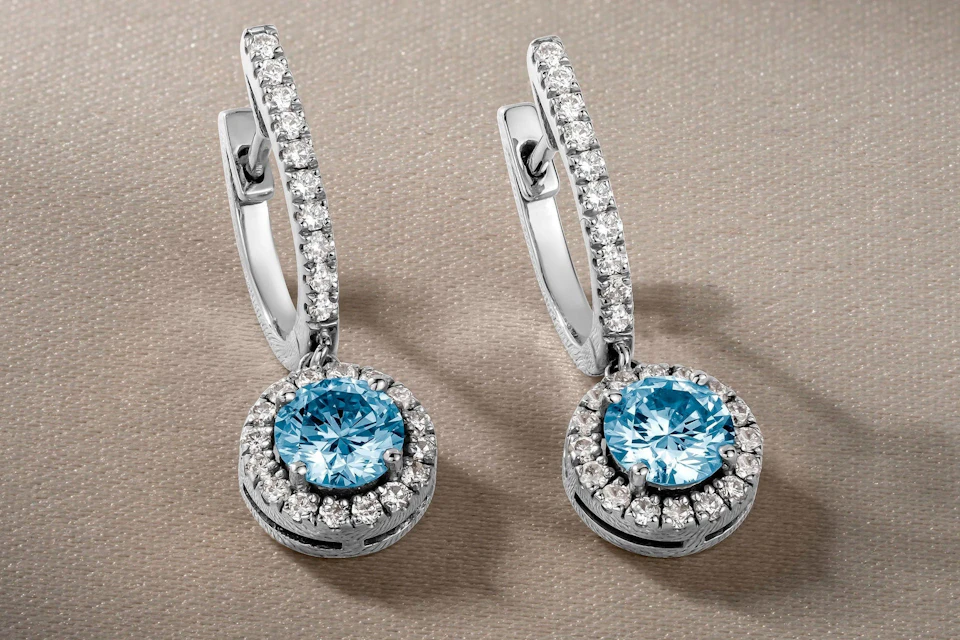 blue topaz and diamond halo drop earrings