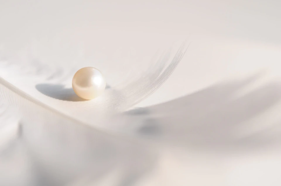 Single Pearl on Feather Background