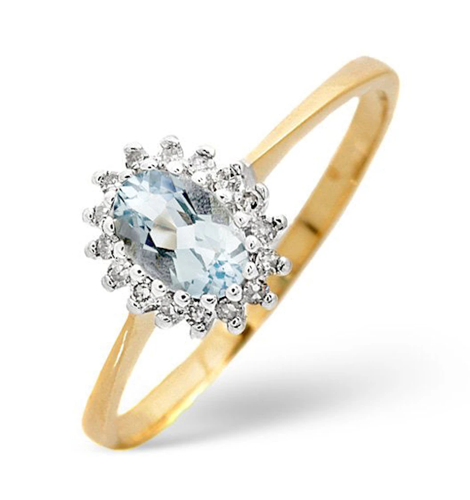 Aquamarine 6 x 4mm And Diamond 9K Yellow Gold Ring
