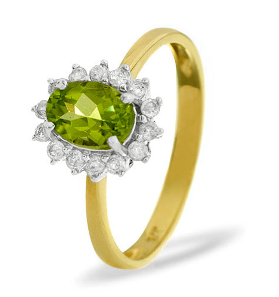 Peridot 7 x 5mm And Diamond 9K Yellow Gold Ring