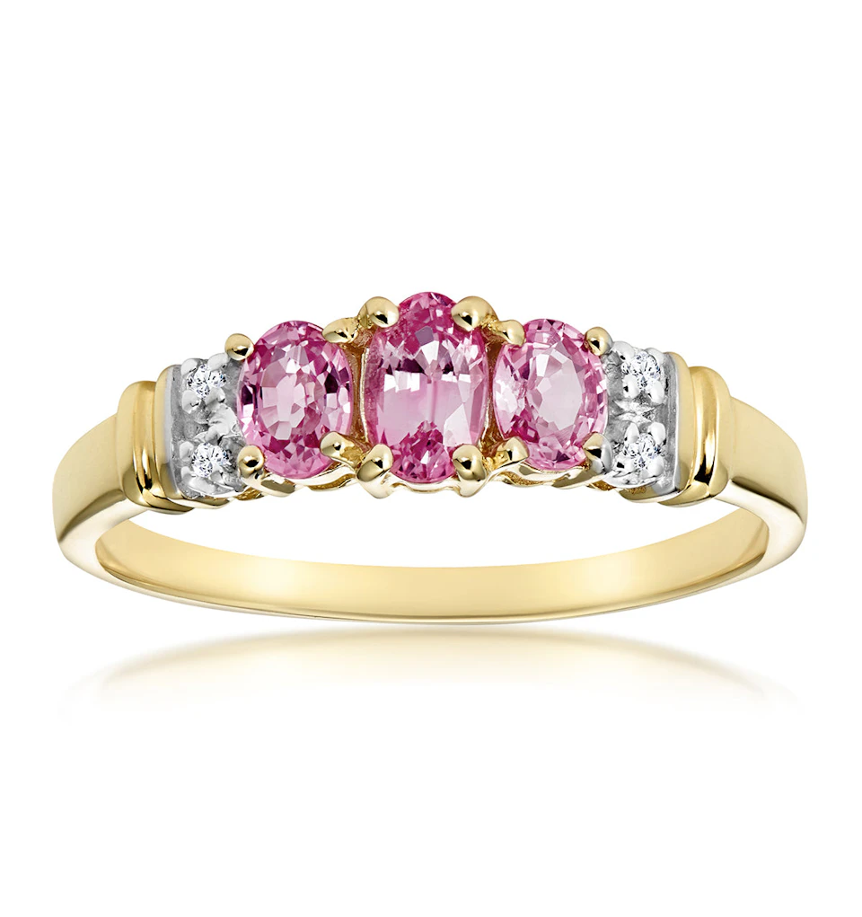 Pink Sapphire and 0.02ct Diamond Ring 9K Yellow Gold