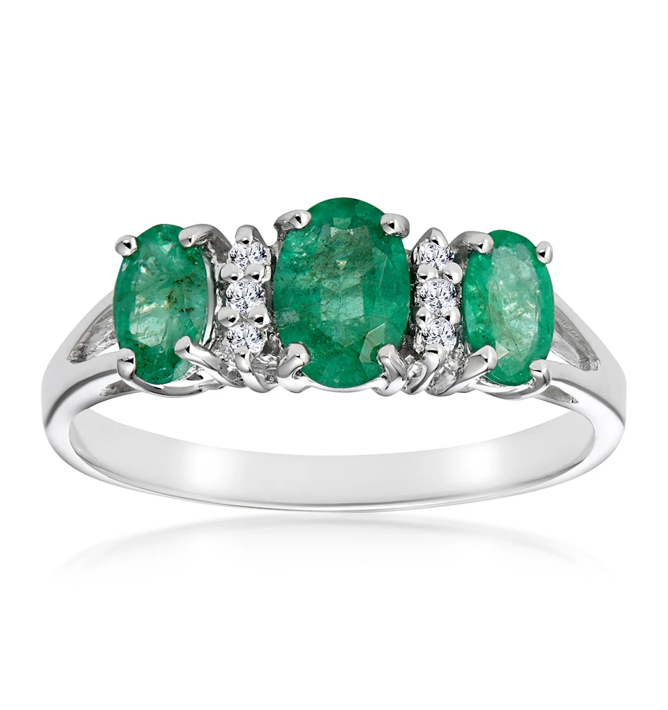 Emerald 1.06ct And Diamond 9K White Gold Ring