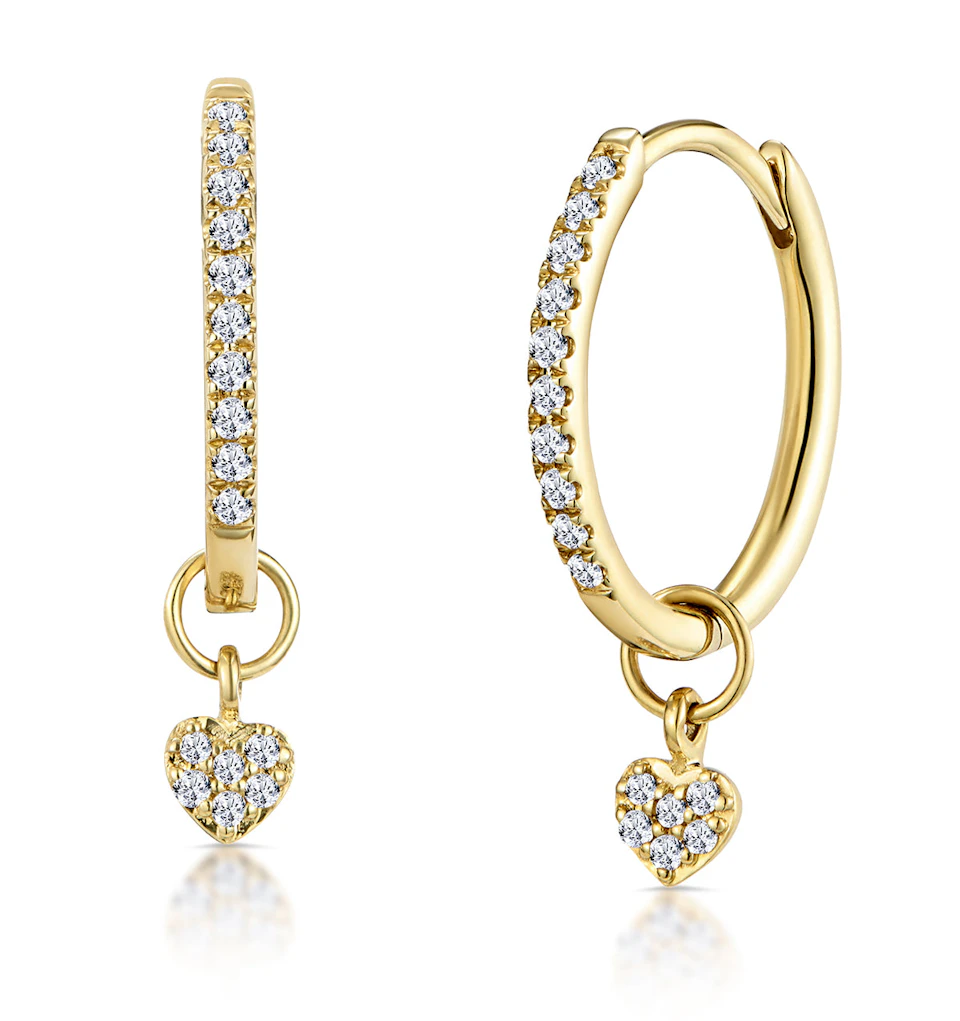 Stellato Diamond Encrusted Huggie Heart Charm Earrings 0.11ct in 9K Gold
