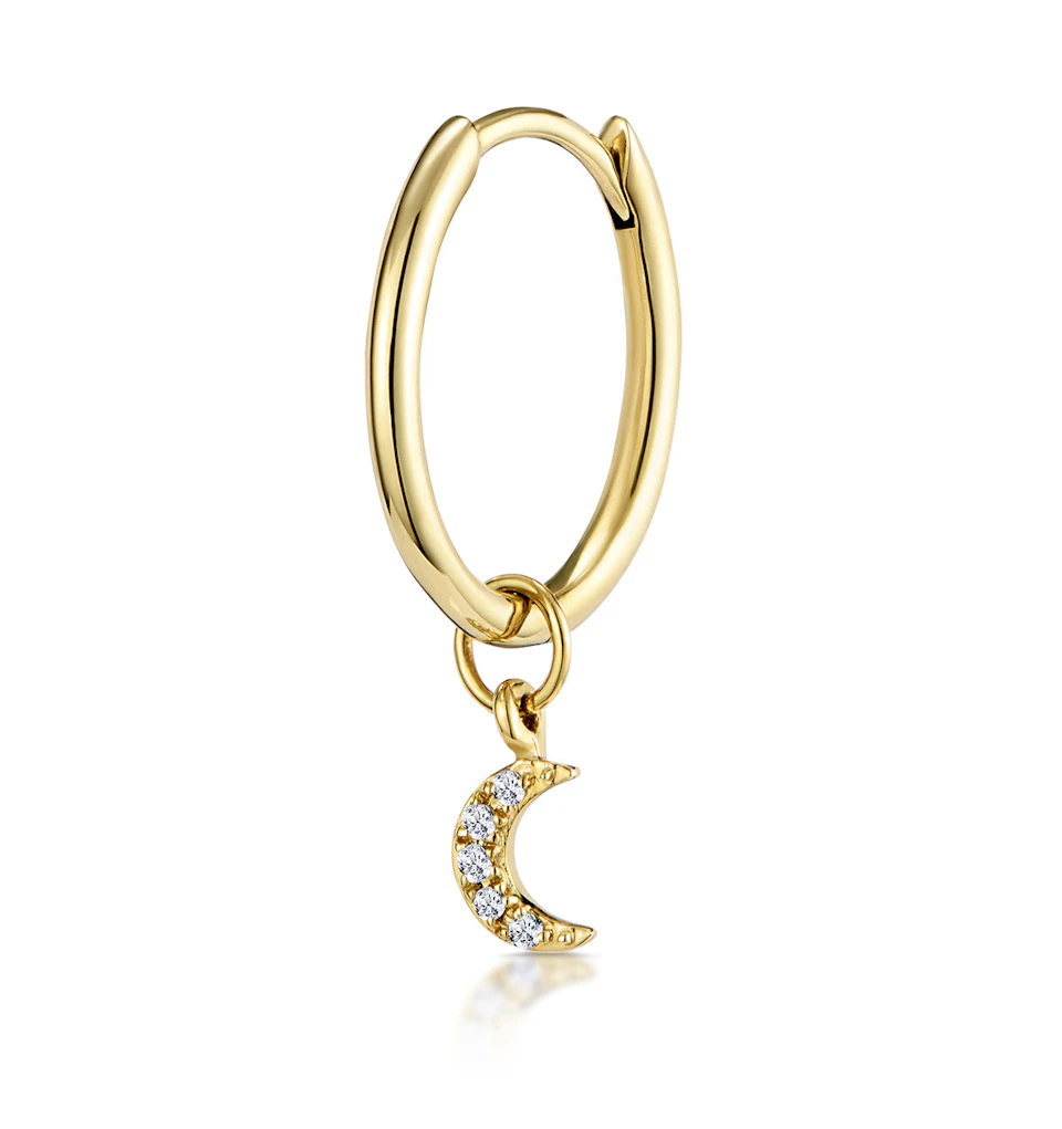 SINGLE Stellato Diamond Moon Charm Huggie Earring in 9K Gold