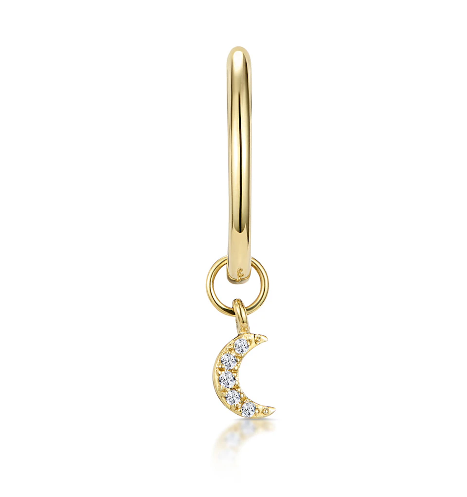 SINGLE Stellato Diamond Moon Charm Huggie Earring in 9K Gold