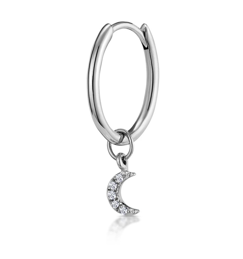 SINGLE Stellato Diamond Moon Charm Huggie Earring in 9K White Gold