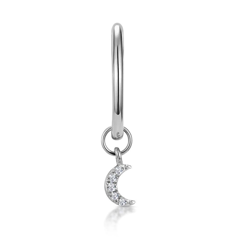 SINGLE Stellato Diamond Moon Charm Huggie Earring in 9K White Gold