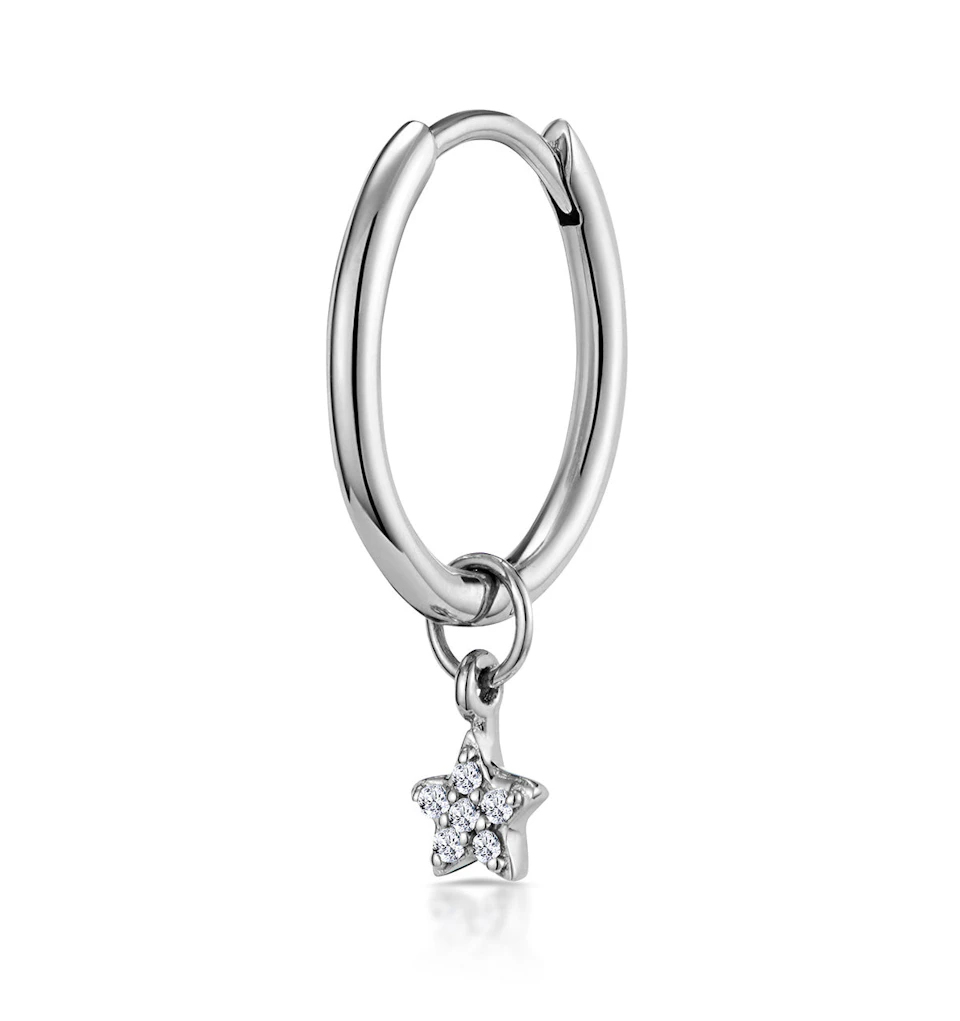 SINGLE Stellato Diamond Star Charm Huggie Earring in 9K White Gold