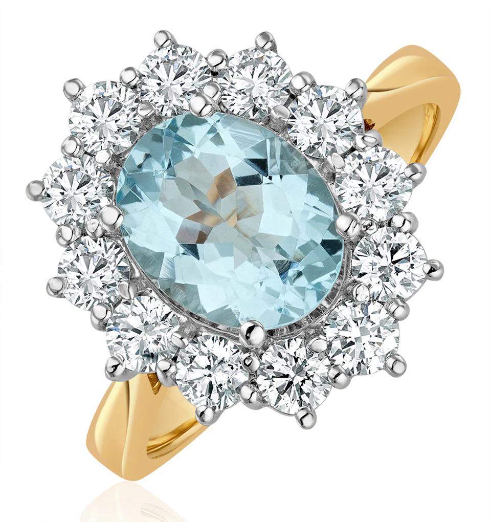 1.70ct Oval Cut Aquamarine and Lab Diamond Halo Ring in 9K Yellow Gold