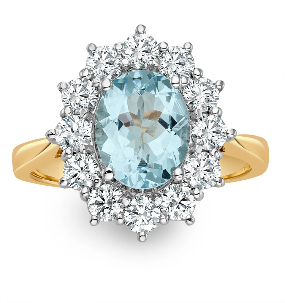 1.70ct Oval Cut Aquamarine and Lab Diamond Halo Ring in 9K Yellow Gold