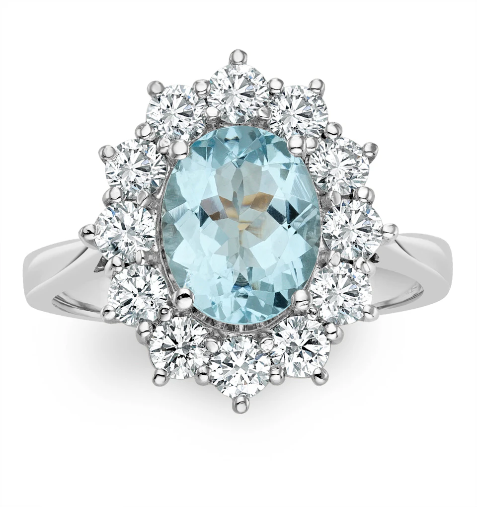 1.70ct Oval Cut Aquamarine and Lab Diamond Halo Ring in 9K White Gold