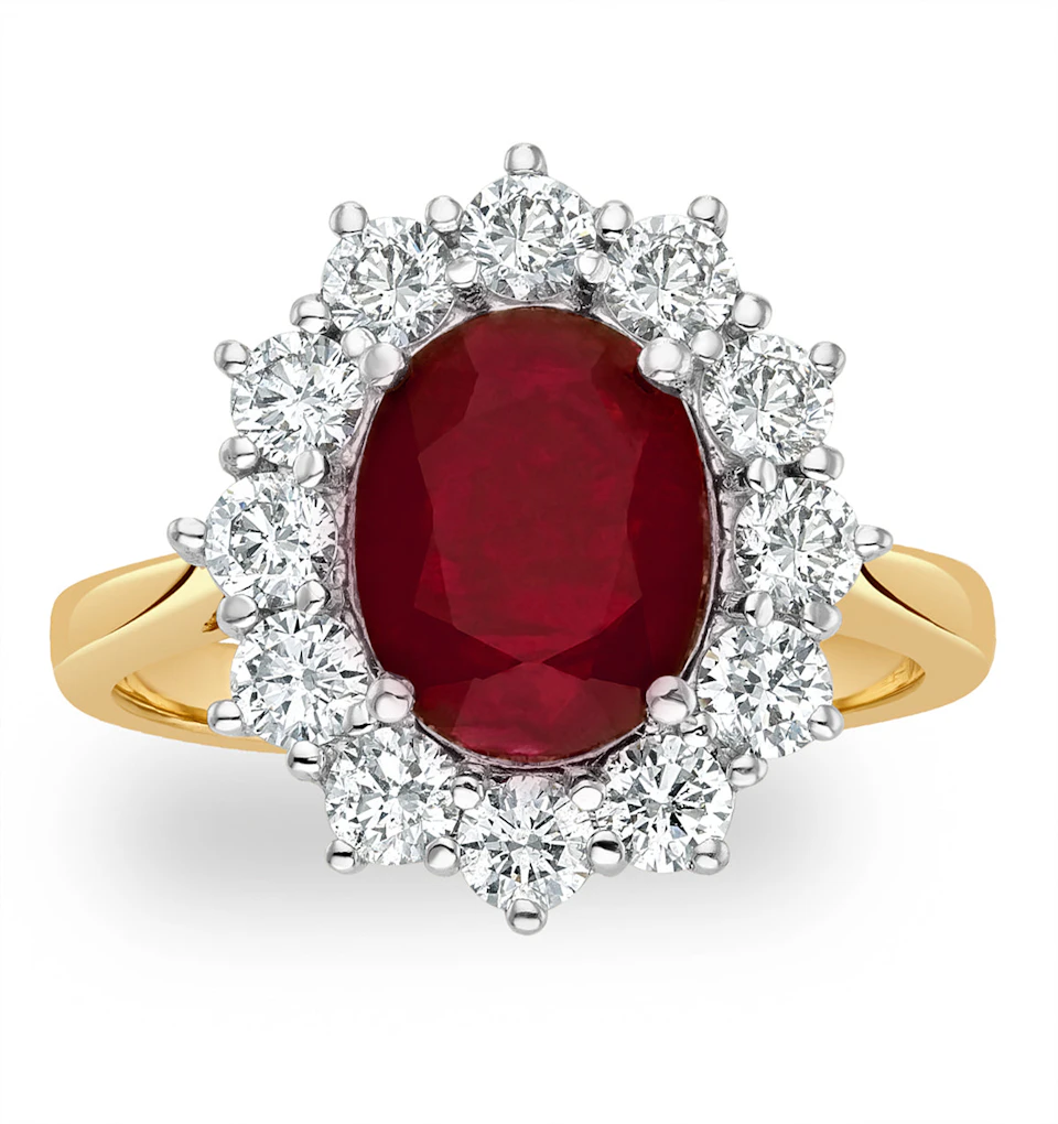 2.40ct Oval Cut Ruby and Lab Diamond Halo Ring in 9K Yellow Gold