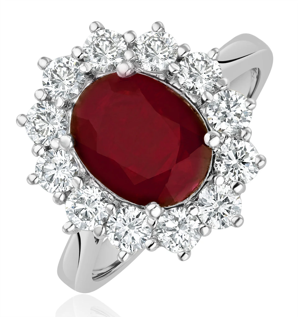 2.40ct Oval Cut Ruby and Lab Diamond Halo Ring in 9K White Gold