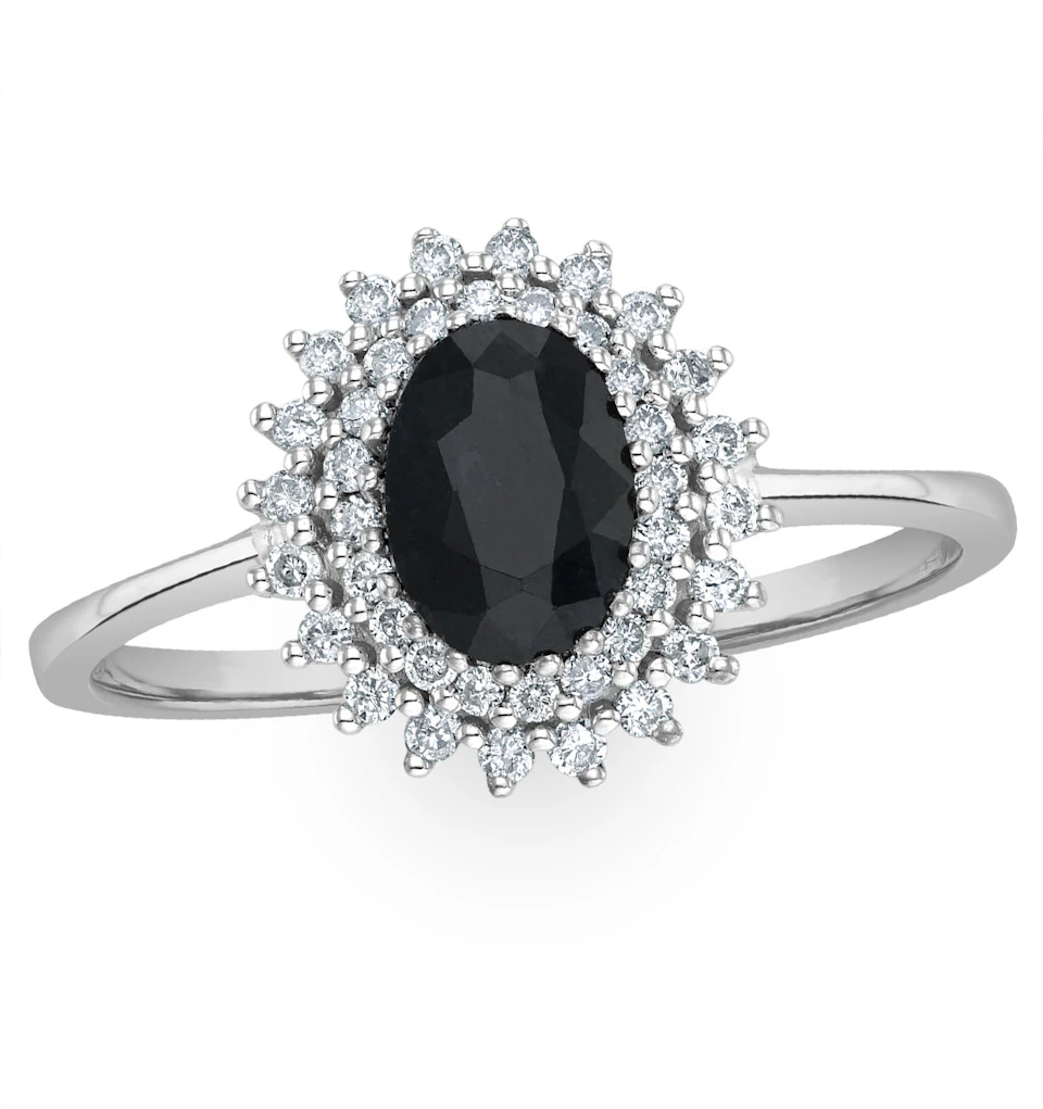 Sapphire 7 x 5mm And Diamond 9K White Gold Ring
