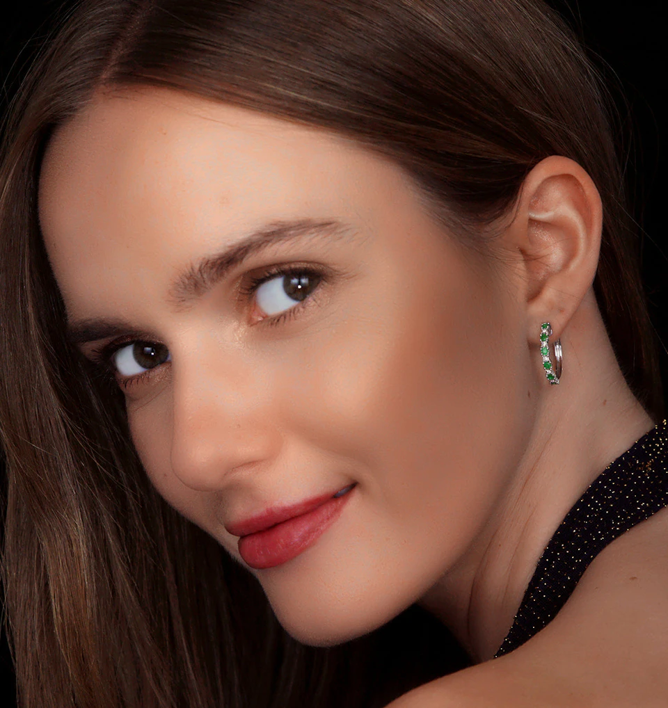 Emerald and Lab Diamond Hoops Earrings Stellato Collection 925 Silver
