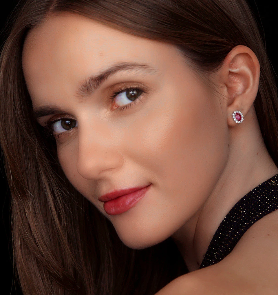 Ruby Earrings with Lab Diamonds in 925 Silver - 6 x 4mm Centre