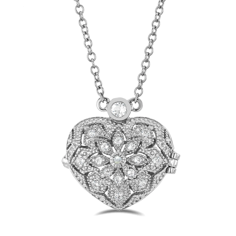 Pearl June Birthstone Vintage Locket Necklace White Topaz in Silver