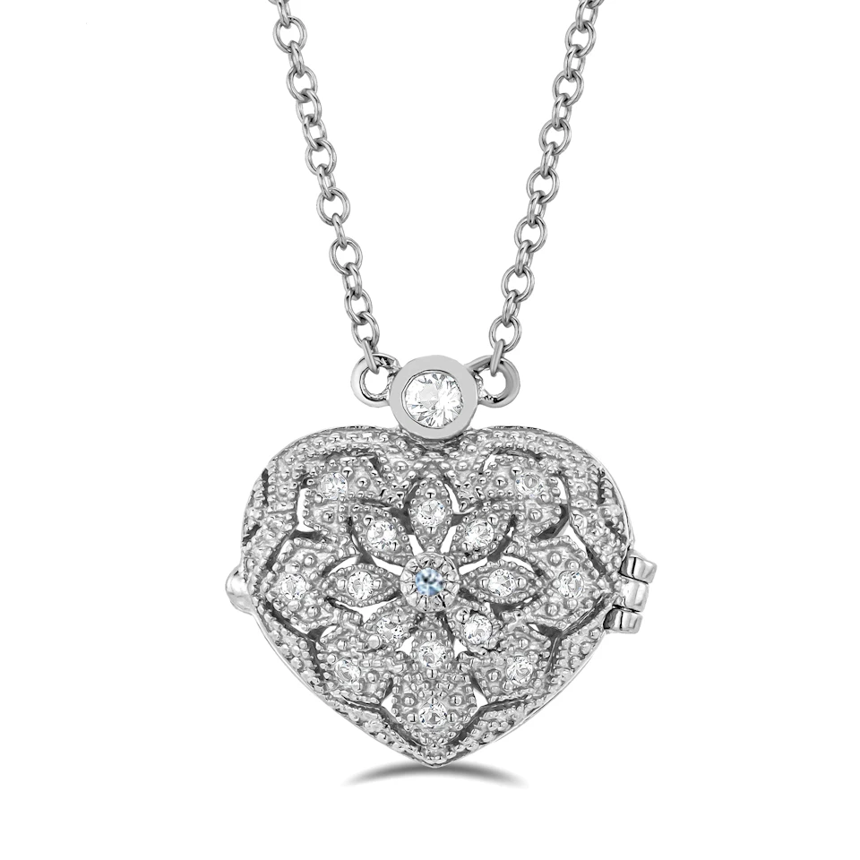 Aquamarine March Birthstone Vintage Locket Necklace Topaz in Silver