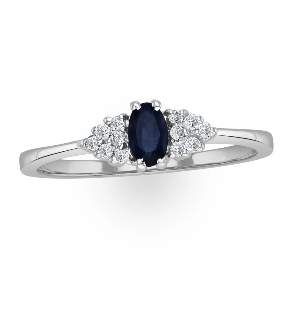 Sapphire 5 x 3mm And Diamond 9K White Gold Ring
