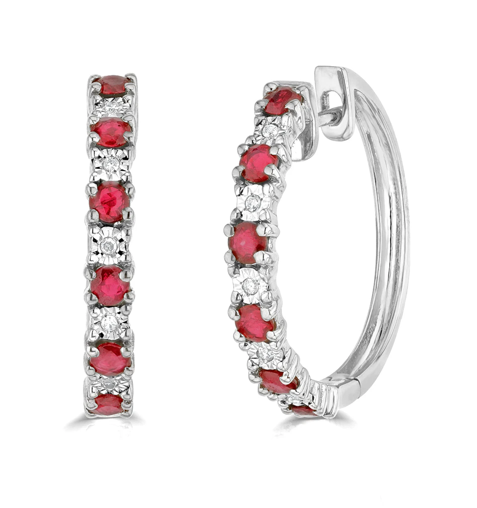 Ruby and Lab Diamond Hoops Earrings Stellato Collection in 925 Silver