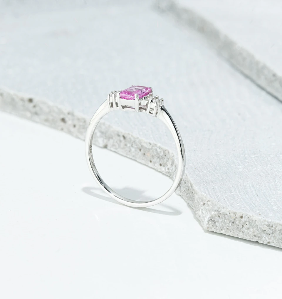 9K White Gold Diamond Pink Sapphire Ring 0.06ct