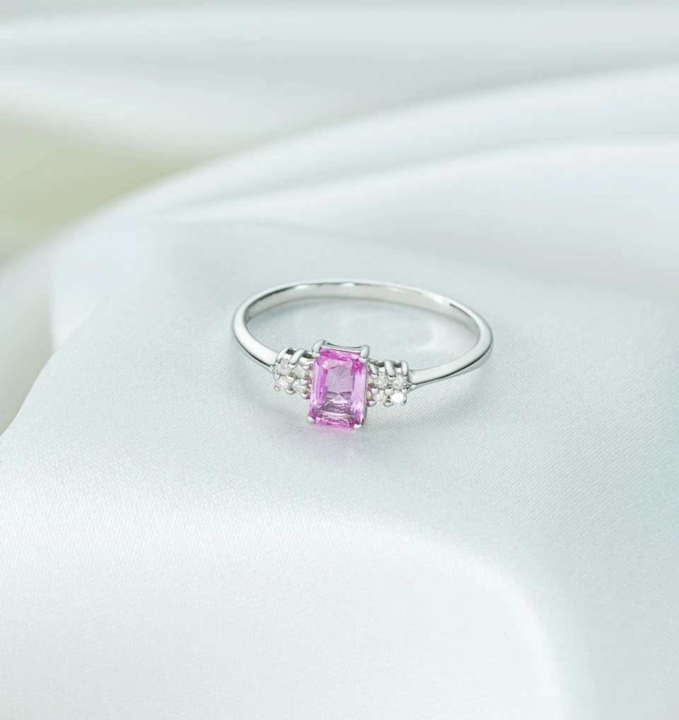 9K White Gold Diamond Pink Sapphire Ring 0.06ct
