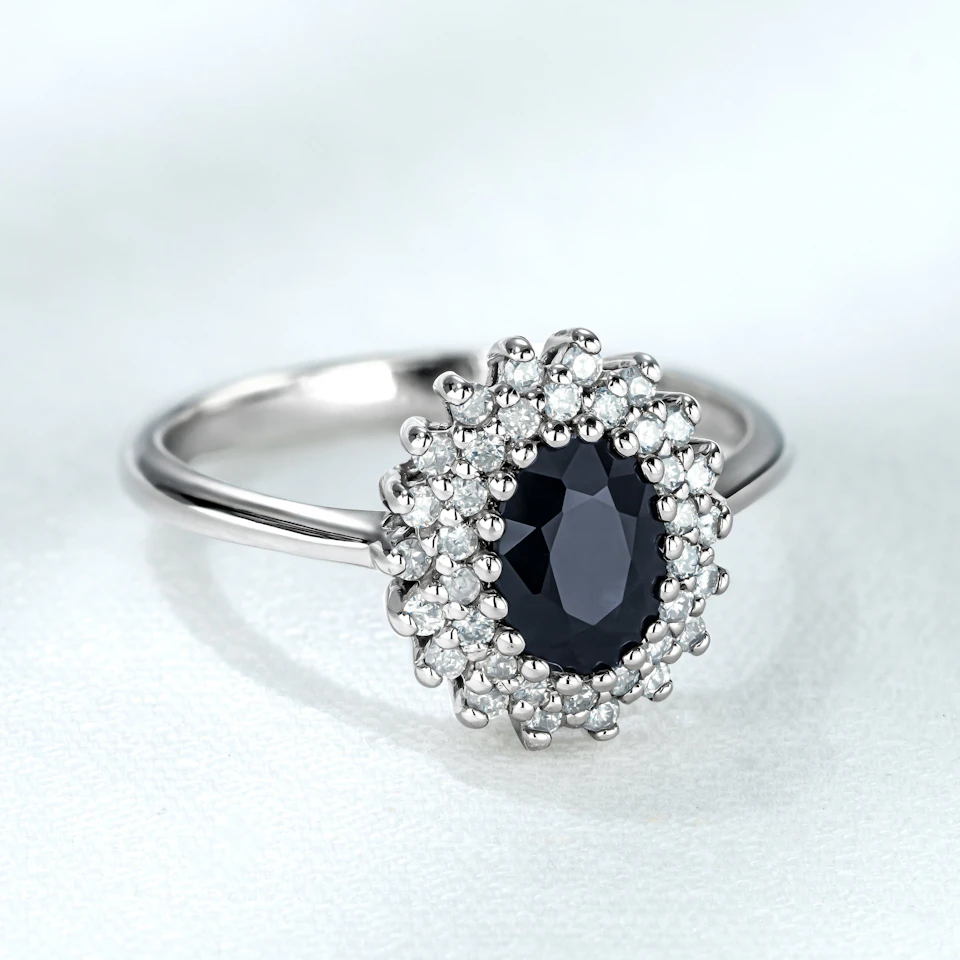 Sapphire 7 x 5mm And Diamond 925 Sterling Silver Ring