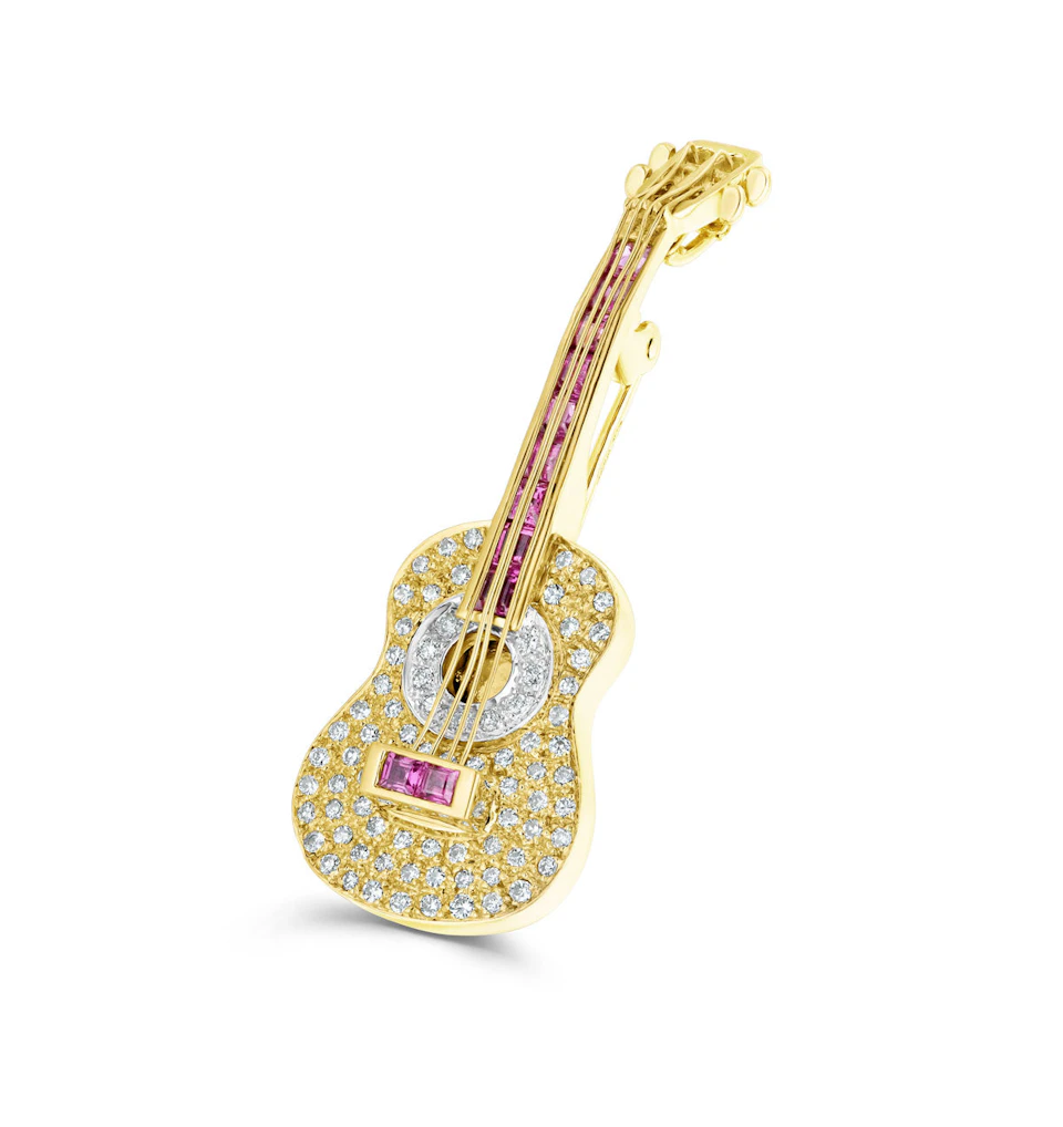 18K Gold Pave Diamond and Ruby Guitar Brooch - Pendant