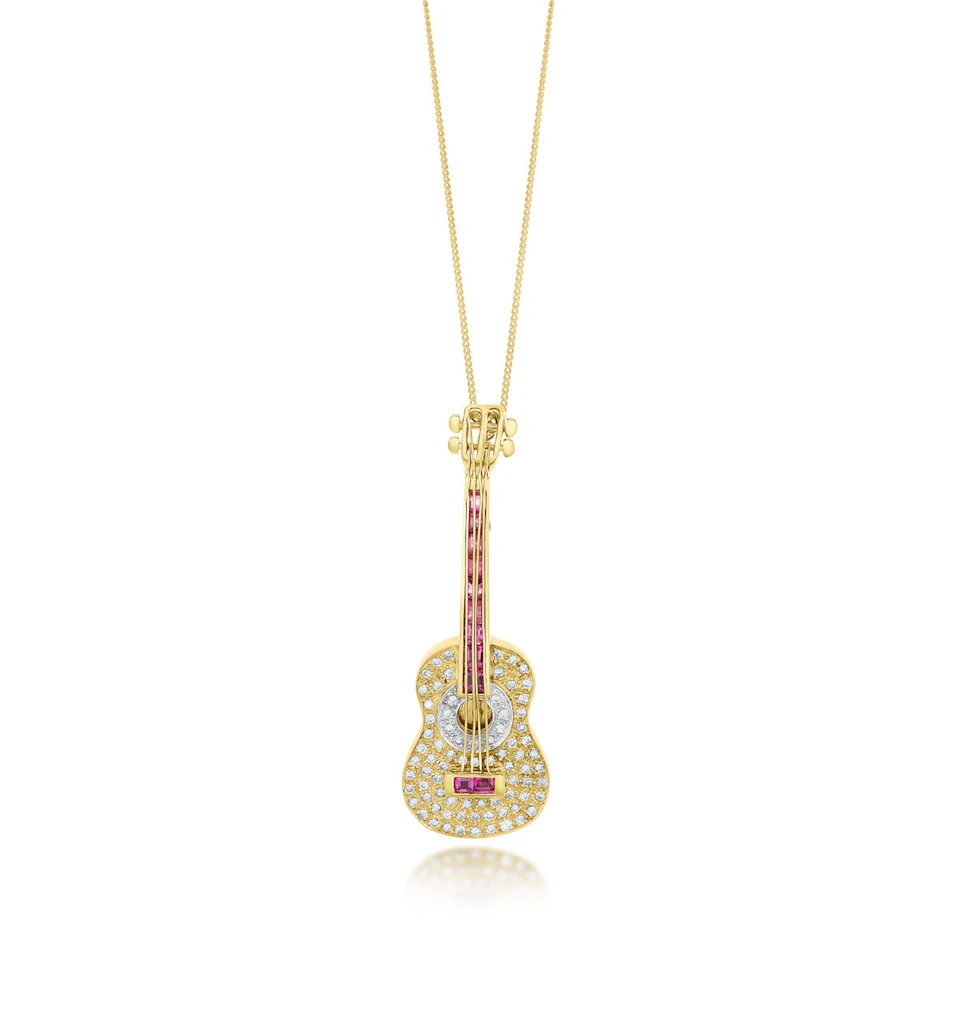 18K Gold Pave Diamond and Ruby Guitar Brooch - Pendant