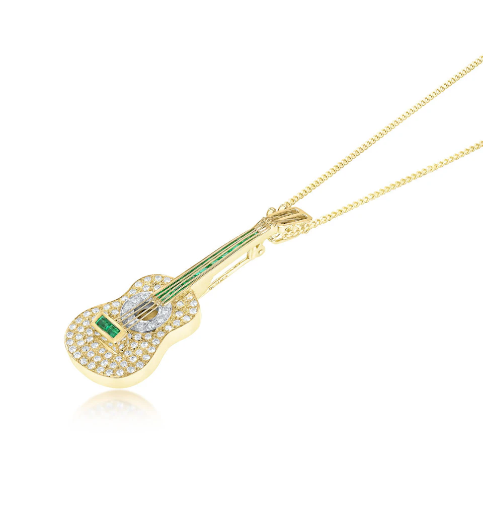 18K Gold Pave Diamond and Emerald Guitar Brooch - Pendant