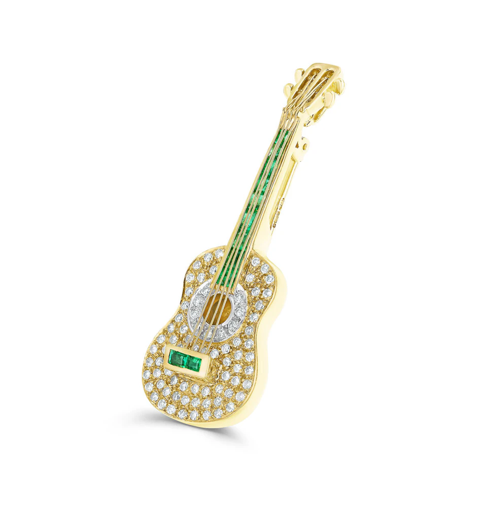18K Gold Pave Diamond and Emerald Guitar Brooch - Pendant