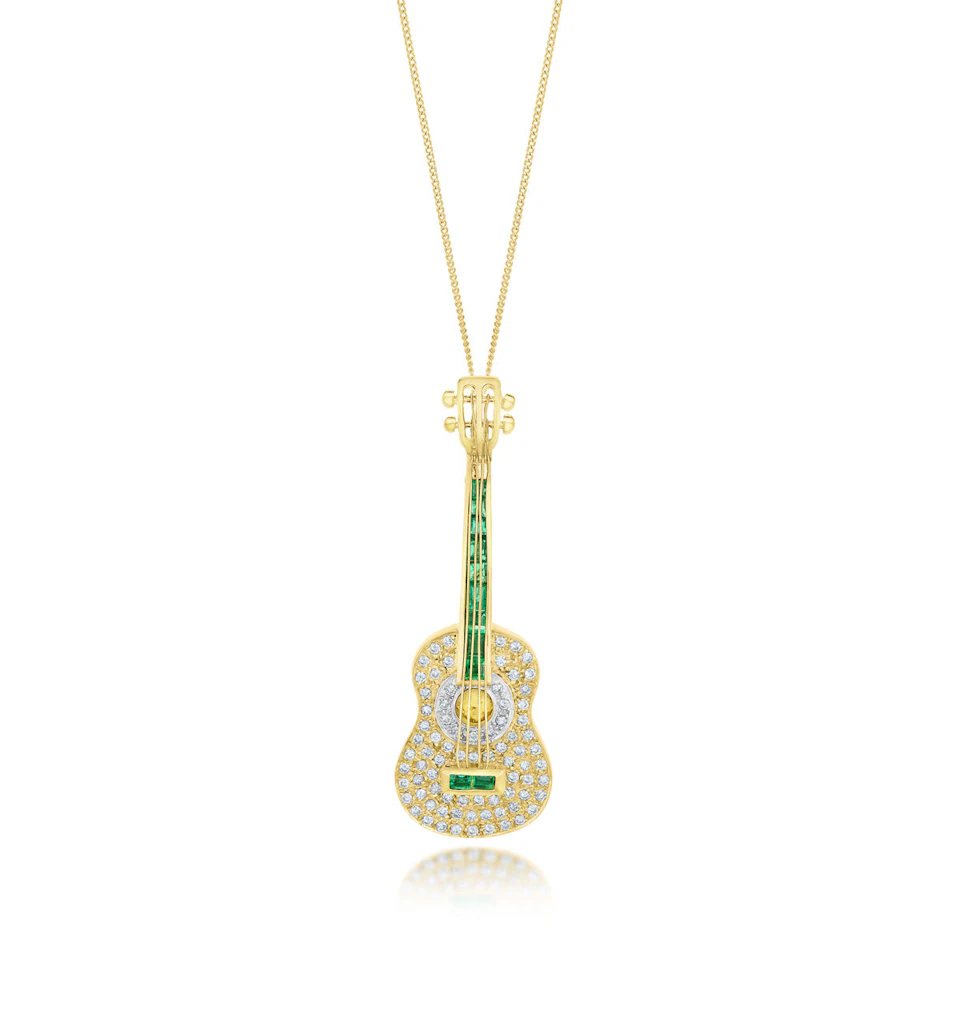 18K Gold Pave Diamond and Emerald Guitar Brooch - Pendant