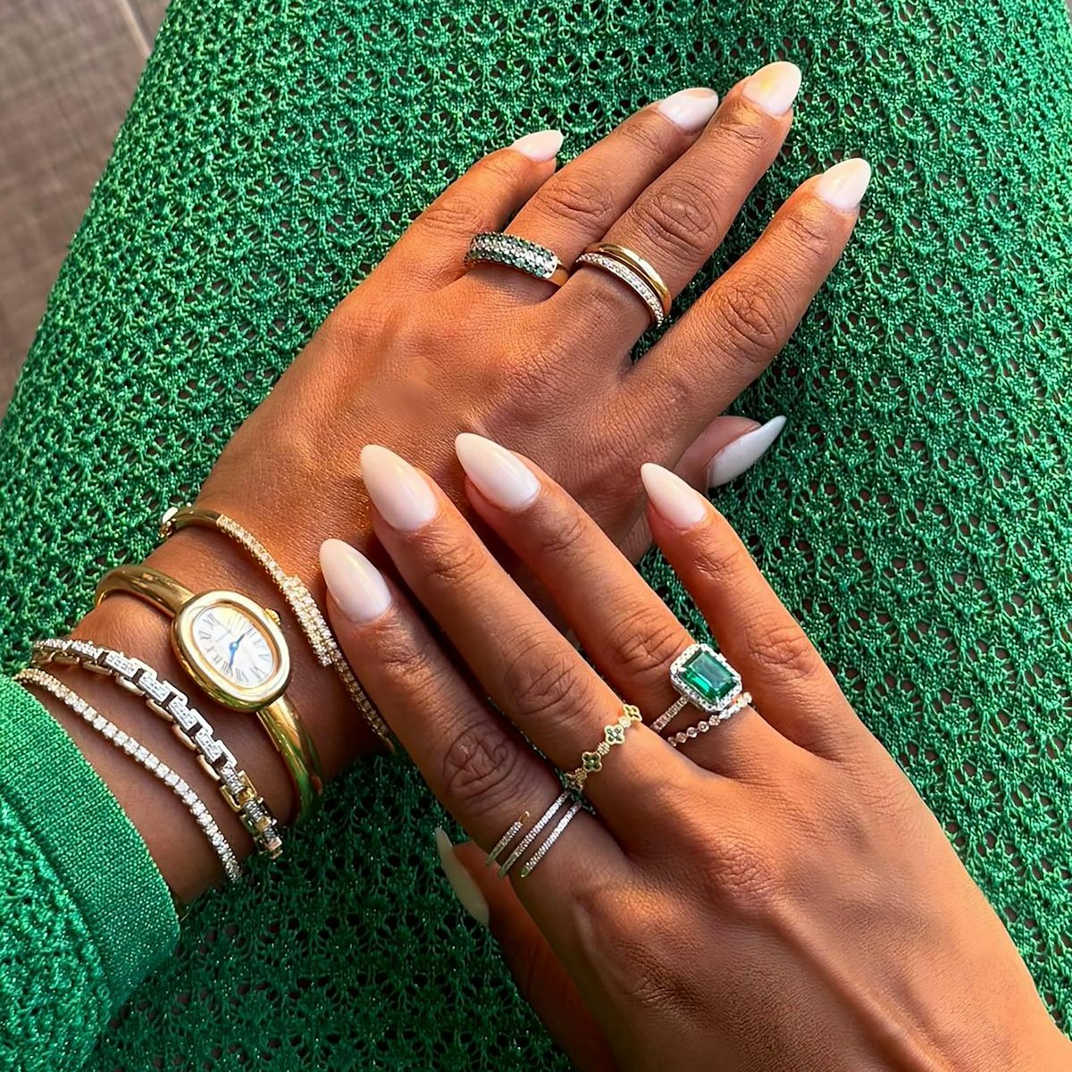 Emerald and Diamond Triple Row Asteria Eternity Ring in 18K Gold