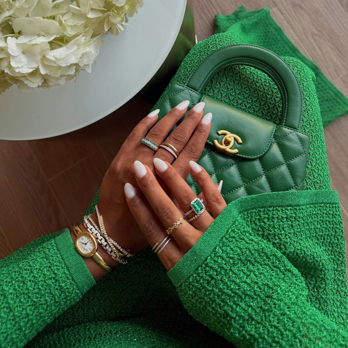 Emerald and Lab Diamond Triple Row Asteria Eternity Ring in 9K Gold