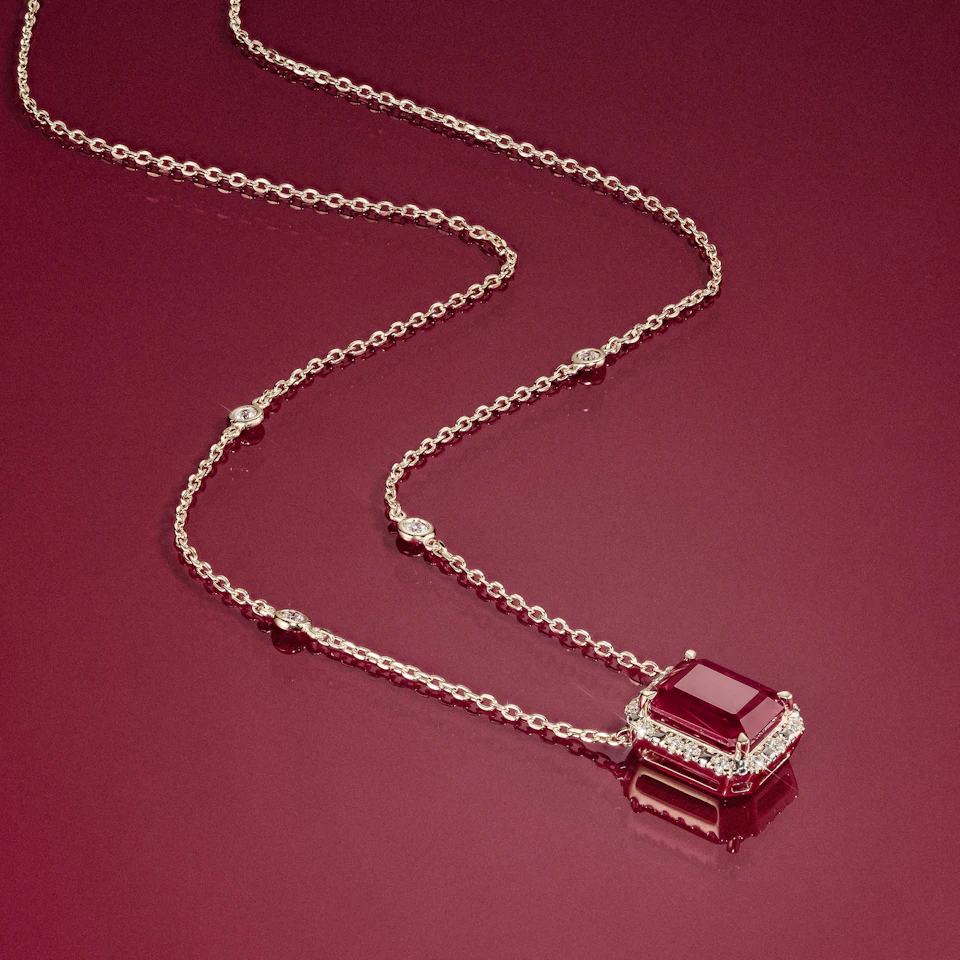 Astra 1.80ct Lab Ruby and Diamond Halo Octagon Cut Necklace in Silver
