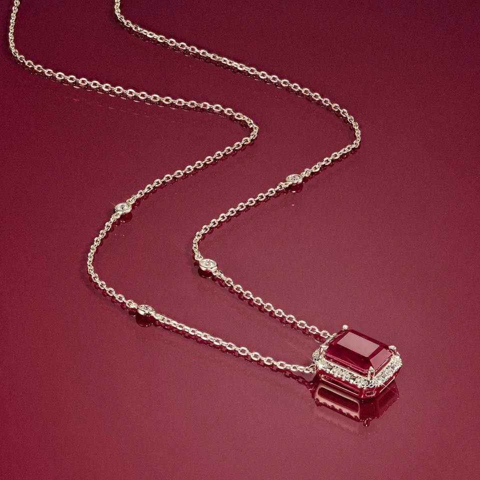 Astra 1.80ct Lab Ruby and Diamond Halo Octagon Cut Necklace in 18K Gold Vermeil