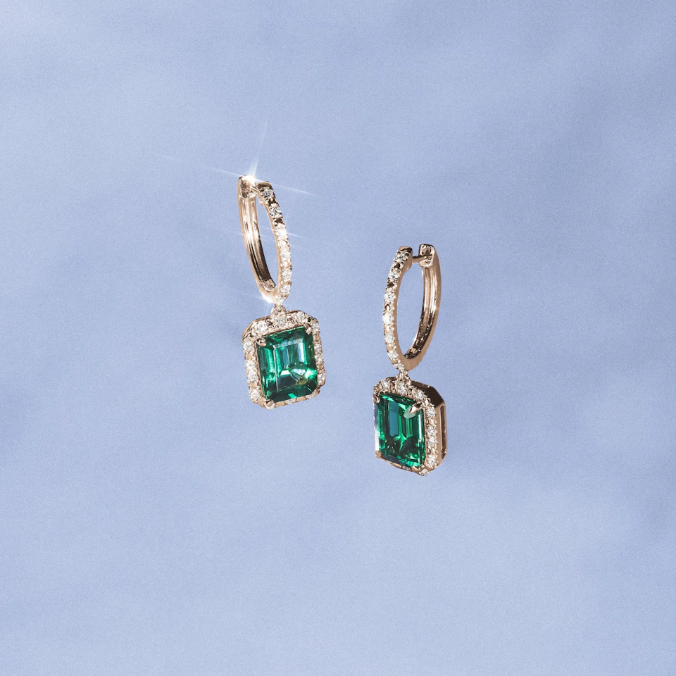 Astra 3.00ct Lab Emerald and Diamond Drop Halo Octagon Cut Earrings in 18K Gold Vermeil