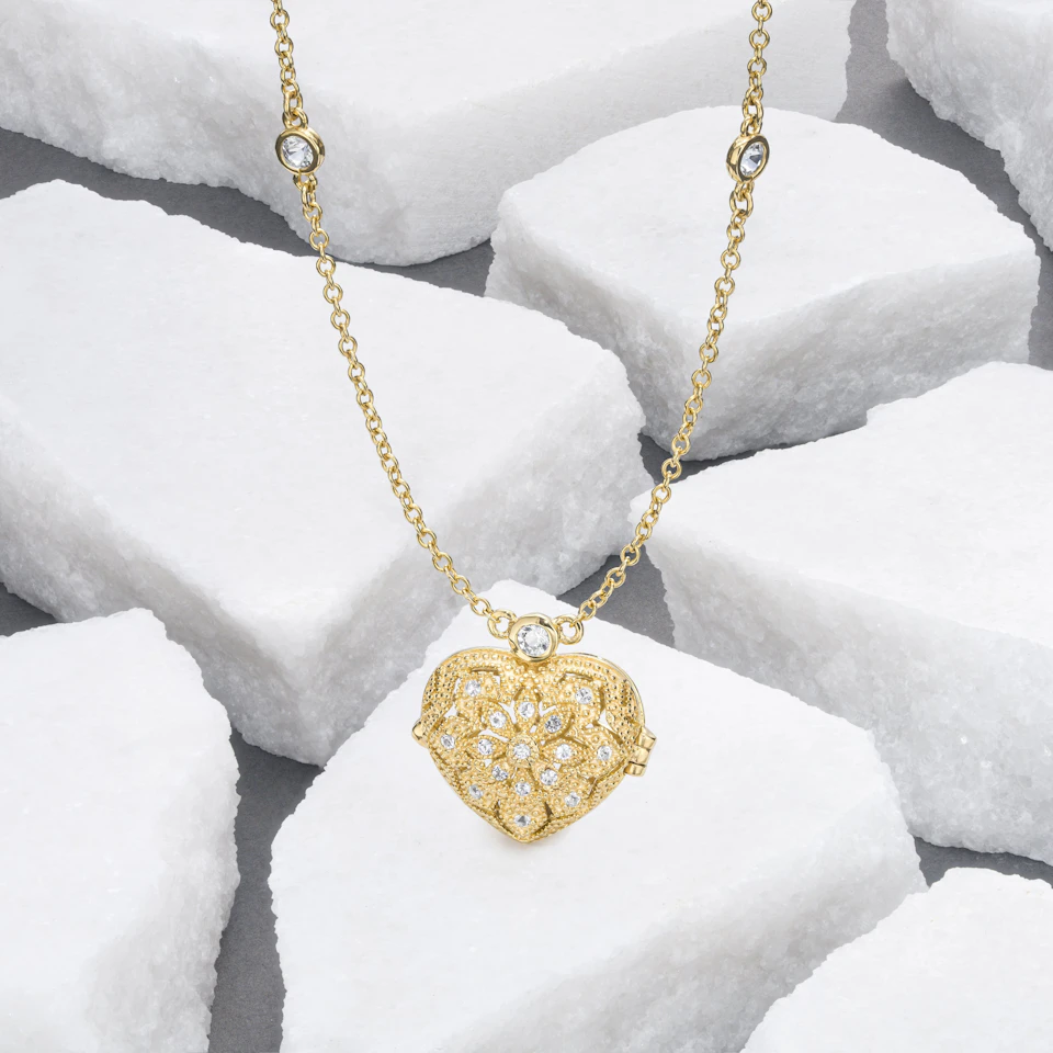 Vintage Heart Locket Lab Diamond Necklace White Topaz in 18K Gold Vermeil