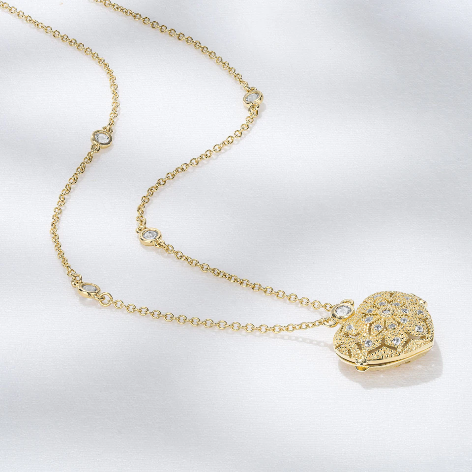 Vintage Heart Locket Lab Diamond Necklace White Topaz in 18K Gold Vermeil