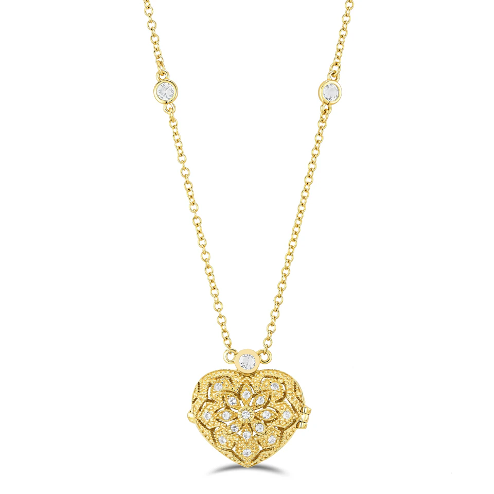 Vintage Heart Locket Lab Diamond Necklace White Topaz in 18K Gold Vermeil
