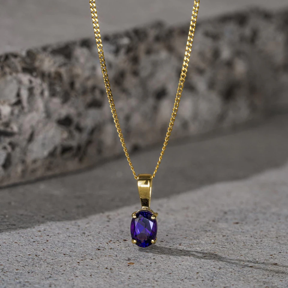 Amethyst 7 x 5mm 9K Yellow Gold Pendant Necklace