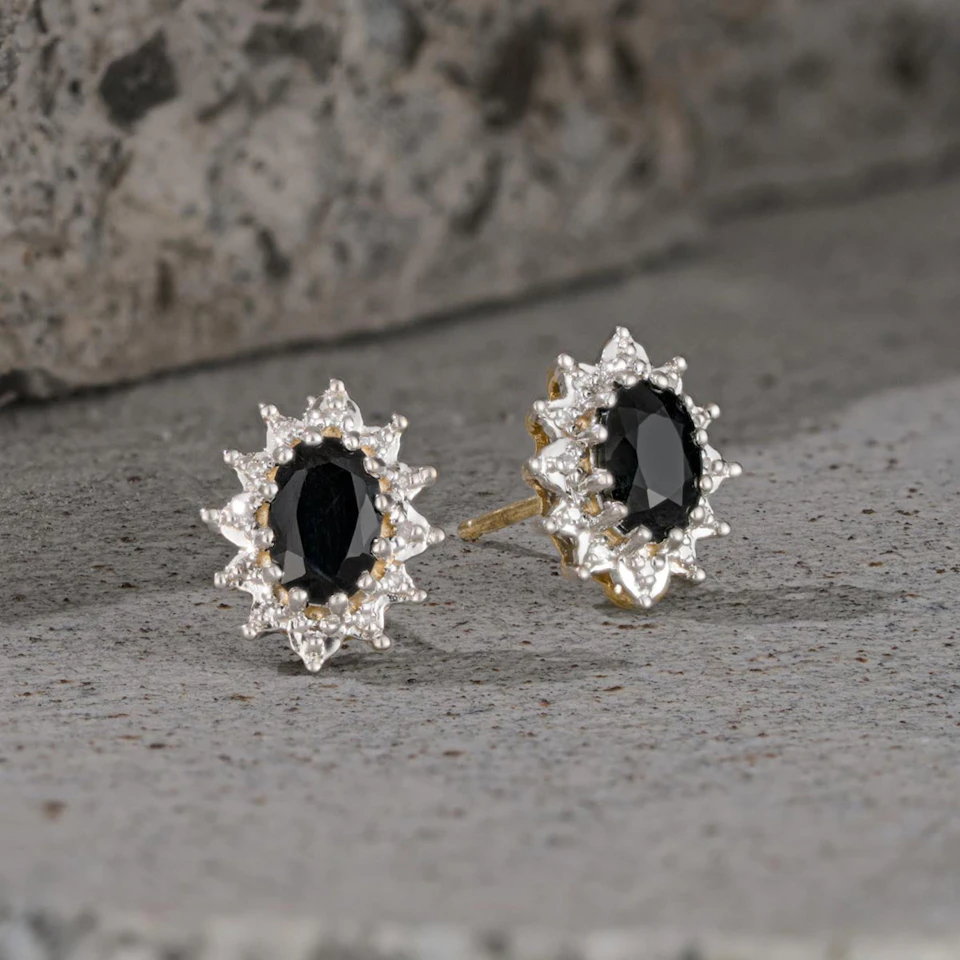 Sapphire 6mm x 4mm And Diamond Cluster 9K Yellow Gold Earrings