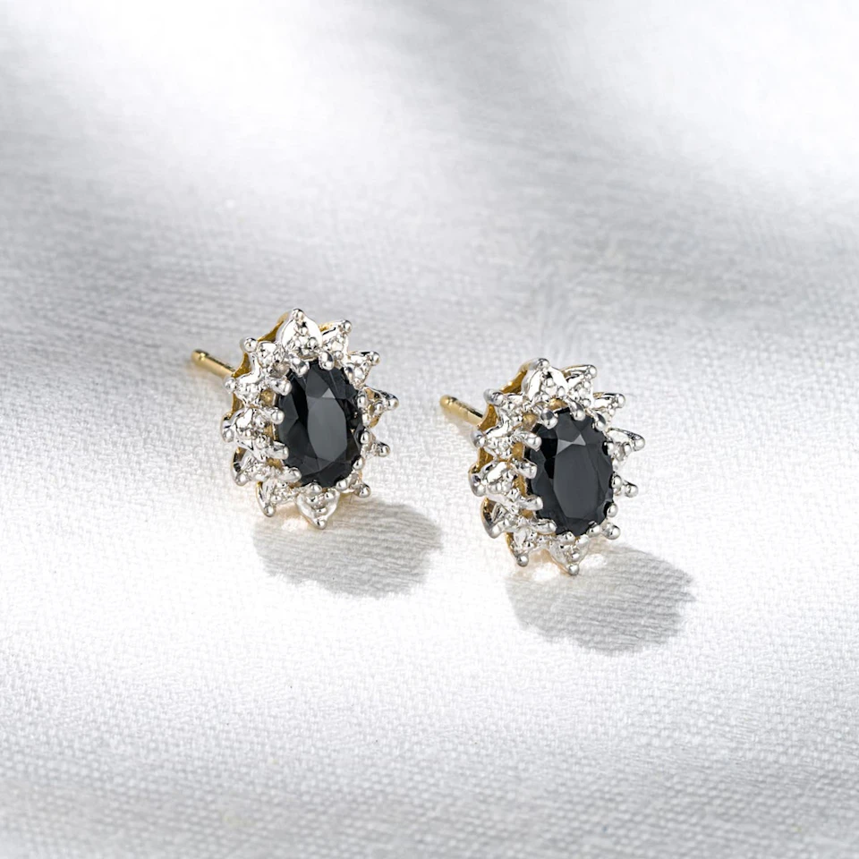Sapphire 6mm x 4mm And Diamond Cluster 9K Yellow Gold Earrings