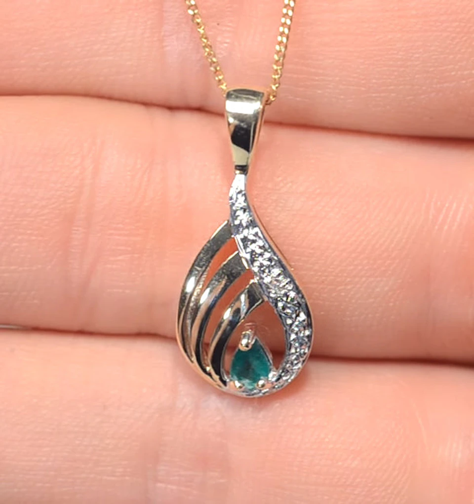 Emerald 4 x 3mm And Diamond 9K Yellow Gold Pendant Necklace