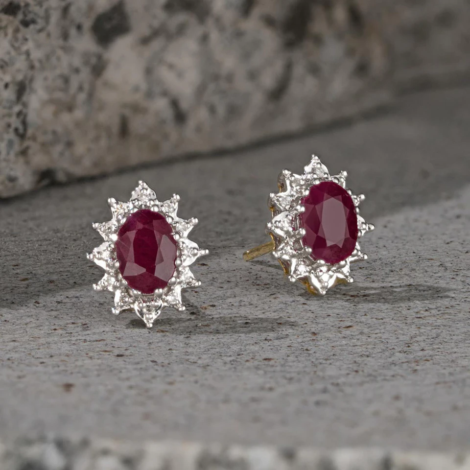 Ruby 6 x 4mm And Diamond Cluster 9K Yellow Gold Earrings