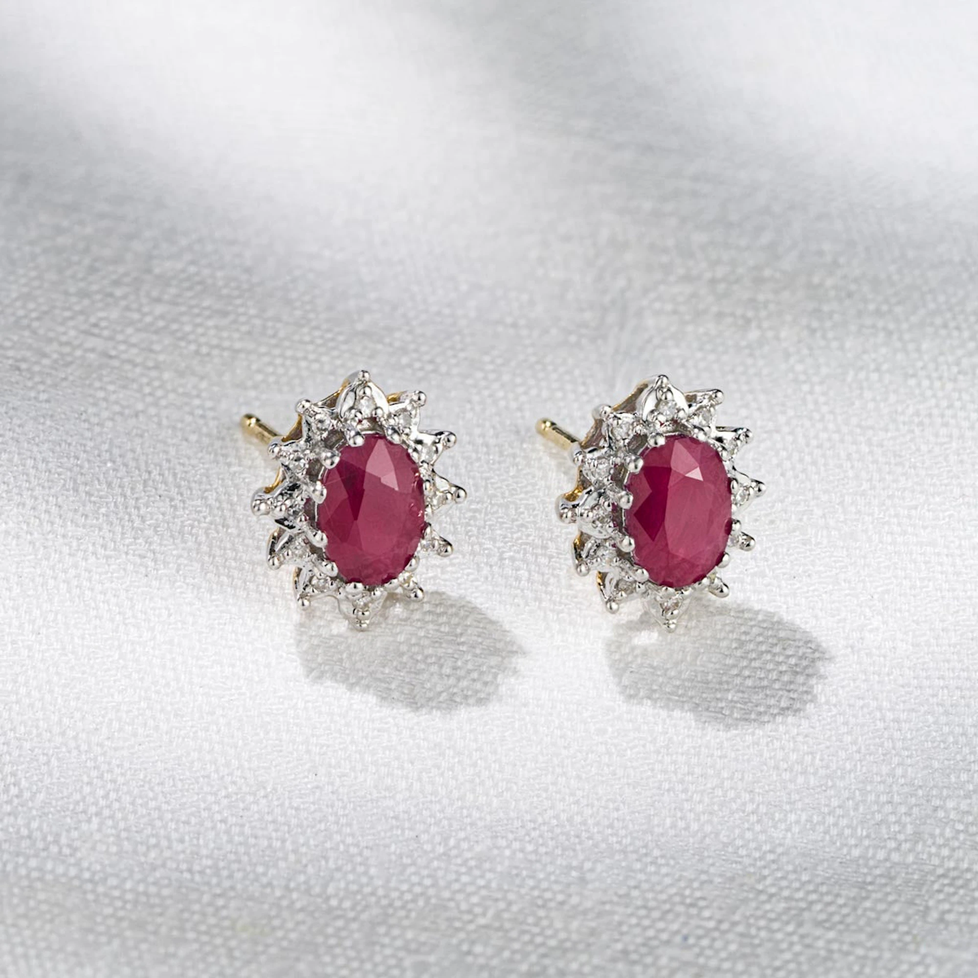 Ruby 6 x 4mm And Diamond Cluster 9K Yellow Gold Earrings