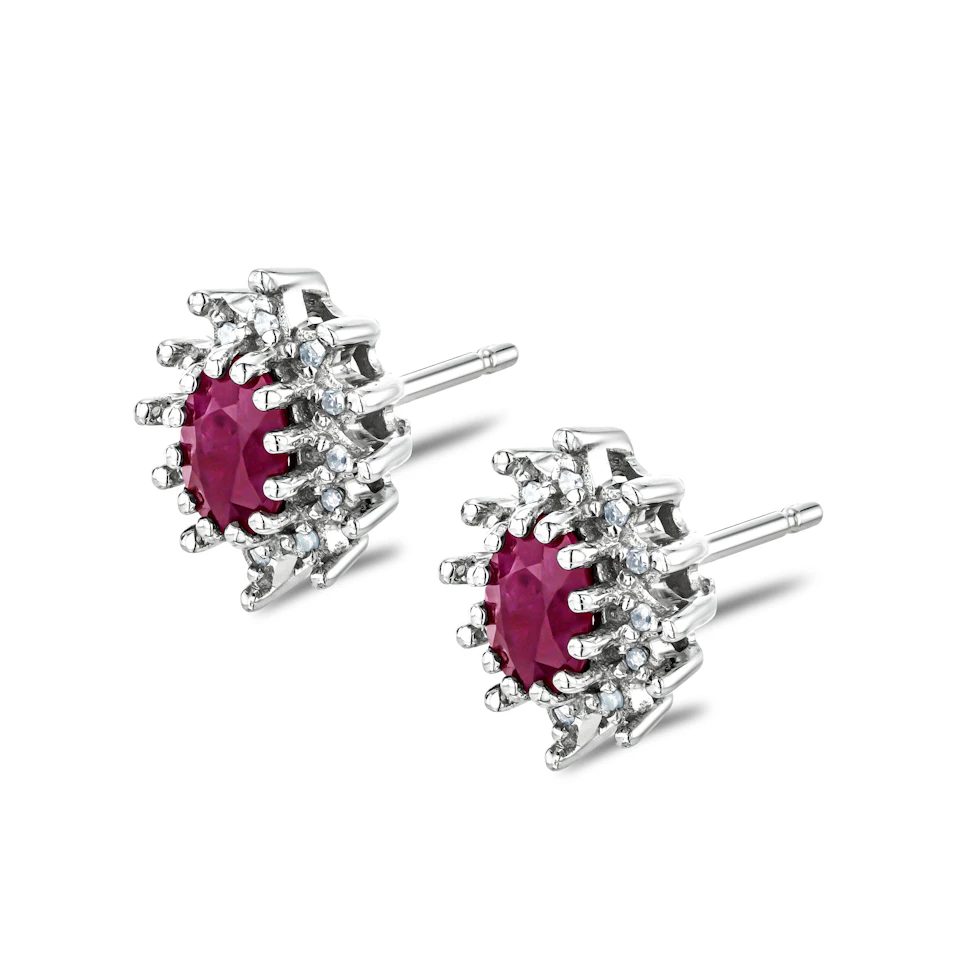 Ruby 6 x 4mm And Diamond Cluster 925 Sterling Silver Earrings